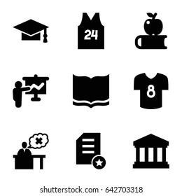College icons set. set of 9 college filled icons such as book, graduation cap, teacher, court building, sport t shirt number 24, football t shirt, diploma