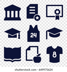 College icons set. set of 9 college filled icons such as book, graduation cap, paper and apple, court building, sport t shirt number 24, football t shirt, diploma