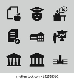 College icons set. set of 9 college filled icons such as court, graduate emoji, paper and apple, teacher, court building, diploma