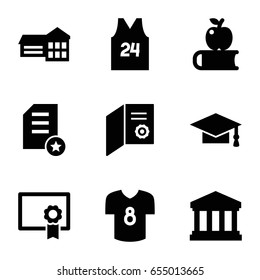 College icons set. set of 9 college filled icons such as graduation cap, court building, sport t shirt number 24, football t shirt, diploma, school