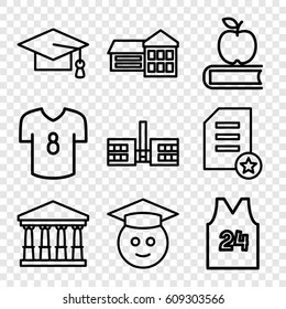 College icons set. set of 9 college outline icons such as court, graduation cap, sport t shirt number 24, football t shirt, graduate emoji, school, apple on book