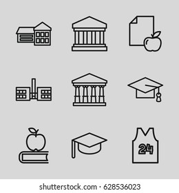 College icons set. set of 9 college outline icons such as court, graduation cap, paper and apple, court building, sport t shirt number 24, school, apple on book
