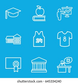 College icons set. set of 9 college outline icons such as teacher, court building, diploma, sport t shirt number 24, football t shirt, school, apple on book