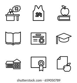 College icons set. set of 9 college outline icons such as book, paper and apple, teacher, diploma, sport t shirt number 24, school, apple on book