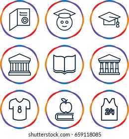 College icons set. set of 9 college outline icons such as court, book, graduation cap, court building, sport t shirt number 24, football t shirt, graduate emoji, apple on book