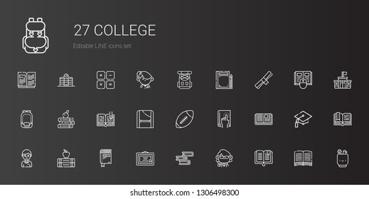 college icons set. Collection of college with book, teacher, diploma, books, student, open book, american football, toga, backpack, degree. Editable and scalable college icons.