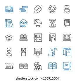 college icons set. Collection of college with book, professor, open book, diploma, books, degree, pencil case, student, math, mortarboard. Editable and scalable college icons.
