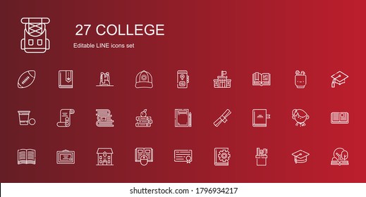 college icons set. Collection of college with pencil case, book, diploma, school, degree, books, beer pong, open book, mortarboard, student. Editable and scalable college icons.