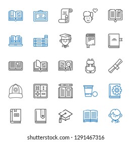 college icons set. Collection of college with student, book, graduation, beer pong, math, cap, degree, backpack, open book, graduate, books. Editable and scalable college icons.