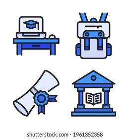 College icons set (Filled Line) = laptop, backpack, certificate, library. Perfect for website mobile app, app icons, presentation, illustration and any other projects.