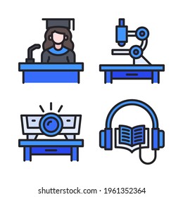 College icons set (Filled Line) = speech girl, microscope, projector, audiobook. Perfect for website mobile app, app icons, presentation, illustration and any other projects.