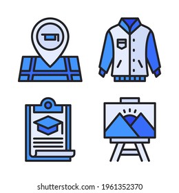 College Icons Set (Filled Line) = Pin, Varsity Jacket, Clipboard, Canvas. Perfect For Website Mobile App, App Icons, Presentation, Illustration And Any Other Projects.