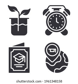College icons set = flask biology, alarm, graduation invitation, map. Perfect for website mobile app, app icons, presentation, illustration and any other projects.