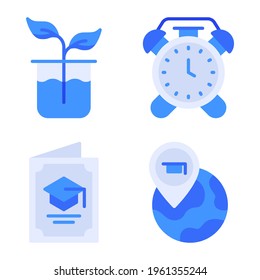 College icons set = flask biology, alarm, graduation invitation, map. Perfect for website mobile app, app icons, presentation, illustration and any other projects.
