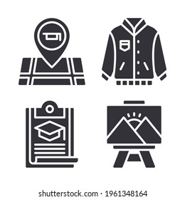 College Icons Set = Pin, Varsity Jacket, Clipboard, Canvas. Perfect For Website Mobile App, App Icons, Presentation, Illustration And Any Other Projects.