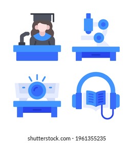 College icons set = speech girl, microscope, projector, audiobook. Perfect for website mobile app, app icons, presentation, illustration and any other projects.