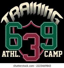 College Illustration with numbers in patchwork and text Training, Camp Athletic. Varsity design.