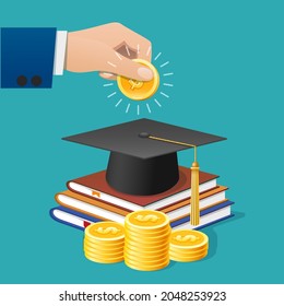 College investment. School or university education money invest, study business investing, finance studying success student vector illustration, scholarship learning planning flat image