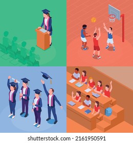 College isometric 2x2 set with university students styding and doing sports vector illustration