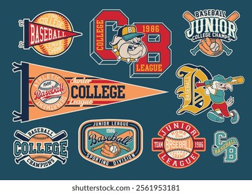 College junior kid baseball league badges collection cute vintage vector for children boy sport wear print embroidery for fabric shirt sweatshirt pajamas 