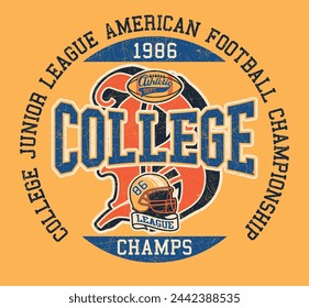 College junior league American football team champs cute vintage vector print for children wear with embroidery patches grunge effect in separate layer