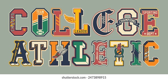 College league athletic department initial font patches vintage vector artwork for boy kid wear shirt sweatshirt print embroidery