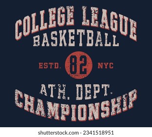 College league lettering for label, badge, tee print. Denim wear. Apparel design. Grunge texture. Vector illustration	