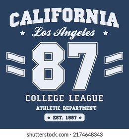 College league print for t-shirt design. Los Angeles, California typography graphics for college appare