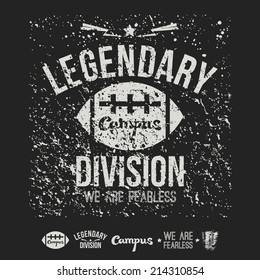 College  legendary division rugby emblem and badges graphic design for t-shirt. Print on a dark background