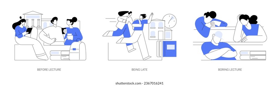 College lessons isolated cartoon vector illustrations set. Before lecture, student being late for the classes, boring lecture, educational process, student lifestyle vector cartoon.