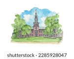 College library, university building, red brick, clock tower, copper roof, lawn, wedding venue. Watercolor sketch illustration. Isolated vector.