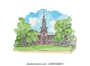 College library, university building, red brick, clock tower, copper roof, lawn, wedding venue. Watercolor sketch illustration. Isolated vector.