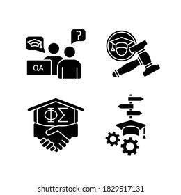 College Life Black Glyph Icons Set On White Space. Academic Advisor. University Student Organization. Student Life And Activities. Silhouette Symbols. Vector Isolated Illustration