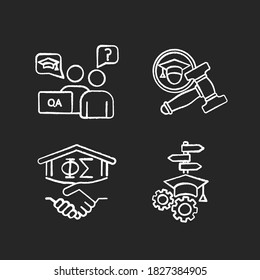 College Life Chalk White Icons Set On Black Background. Academic Advisor. University Student Organization. Student Life And Activities. Fraternal House. Isolated Vector Chalkboard Illustrations