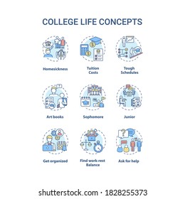 College Life Concept Icons Set. Tuition Cost. Tough Schedule. Sophomore, Junior And Senior. Student Living Idea Thin Line RGB Color Illustrations. Vector Isolated Outline Drawings. Editable Stroke