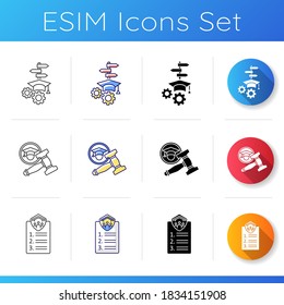 College life icons set. University major. Lawyer degree. Flatmates agreement. Decision making. Student life and activities. Linear, black and RGB color styles. Isolated vector illustrations