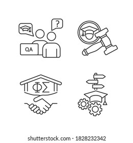 College Life Pixel Perfect Linear Icons Set. Academic Advisor. University Student Organization. Student Activities. Customizable Thin Line Contour Symbols. Isolated Vector Outline Illustrations