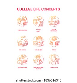 College Life Red Gradient Concept Icons Set. Tuition Cost. Tough Schedule. Sophomore, Junior And Senior. Student Living Idea Thin Line RGB Color Illustrations. Vector Isolated Outline Drawings