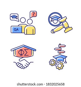 College life RGB color icons set. Academic advisor. University student organization. Student life and activities. Fraternity. Academic support. Making decision. Isolated vector illustrations