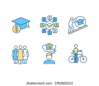 College life RGB color icons set. Tuition fee. Education cost. Campus lifestyle. University hardship. Woman group. Freshman homesickness. Riding bicycle. Isolated vector illustrations