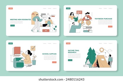 College life set. Students engaging in various activities like meeting roommates, buying textbooks, organizing school supplies, and researching on a nature trail. Vector illustration.
