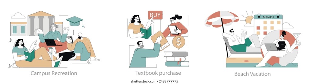 Vida universitaria. Estudiantes que se dedican al ocio en el campus, compran libros de texto y tienen unas vacaciones en la playa. Educación, comercio y relajación. Ilustración vectorial.