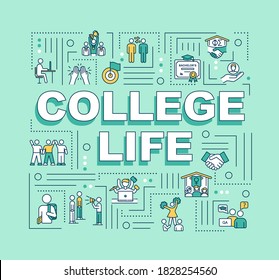 College life word concepts banner. Student living. University lifestyle. Infographics with linear icons on mint background. Isolated typography. Vector outline RGB color illustration