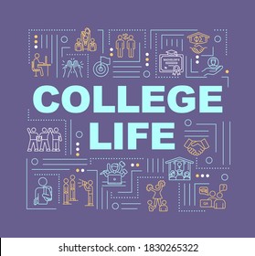 College lifestyle word concepts banner. Student life. University community. Infographics with linear icons on purple background. Isolated typography. Vector outline RGB color illustration