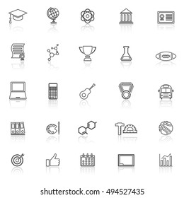 Iconos de línea de universidad con reflejo en fondo blanco, vector de stock