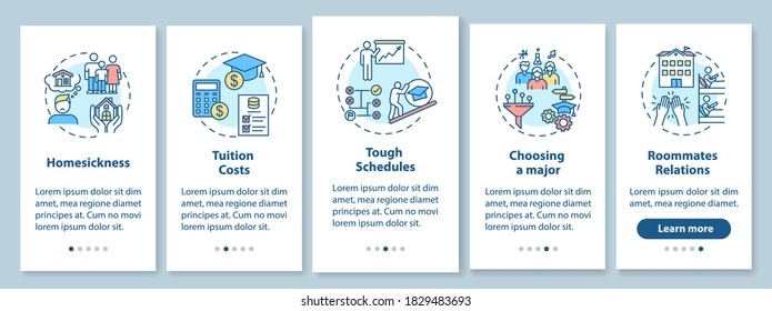 College living difficulty onboarding mobile app page screen with concepts. Student life challenges walkthrough 5 steps graphic instructions. School UI vector template with RGB color illustrations