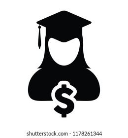College loan icon vector female person profile avatar with dollar symbol and mortar board for education in flat color glyph pictogram illustration