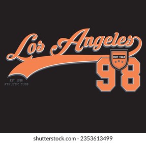 College Los Angeles varsity slogan typography for t-shirt. Varsity slogan print tee shirt, sport apparel print. Vintage graphics. Vector illustration. 