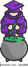college magician preparing potion in a cauldron