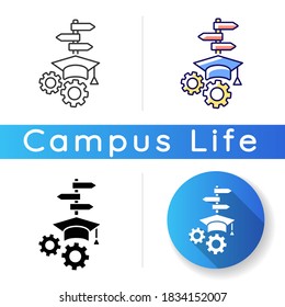 College major icon. Academic minors. Decision making. Graduate and undergraduate degree. Higher education qualifications. Linear black and RGB color styles. Isolated vector illustrations